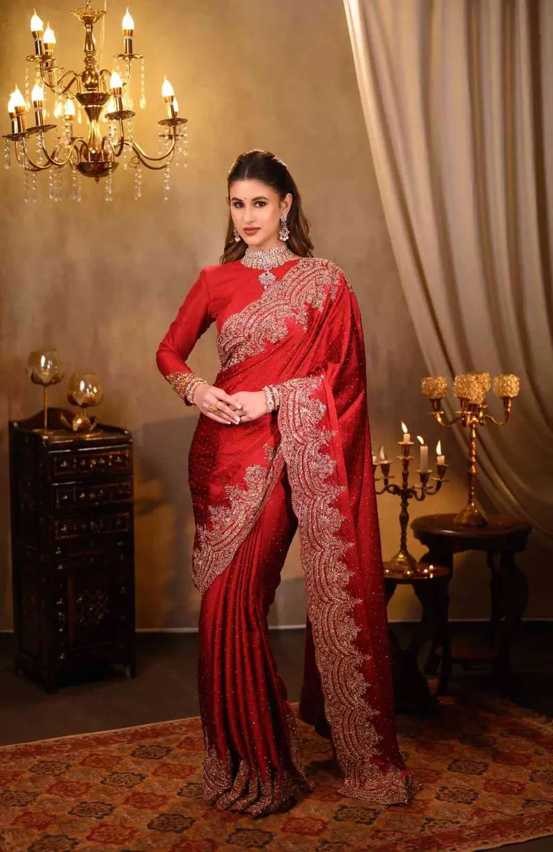 Deep Crimson Ruby Red Stone Embellished Design Pure Satin Designer Saree With Heavy Zardozi  Scalloped Border 1