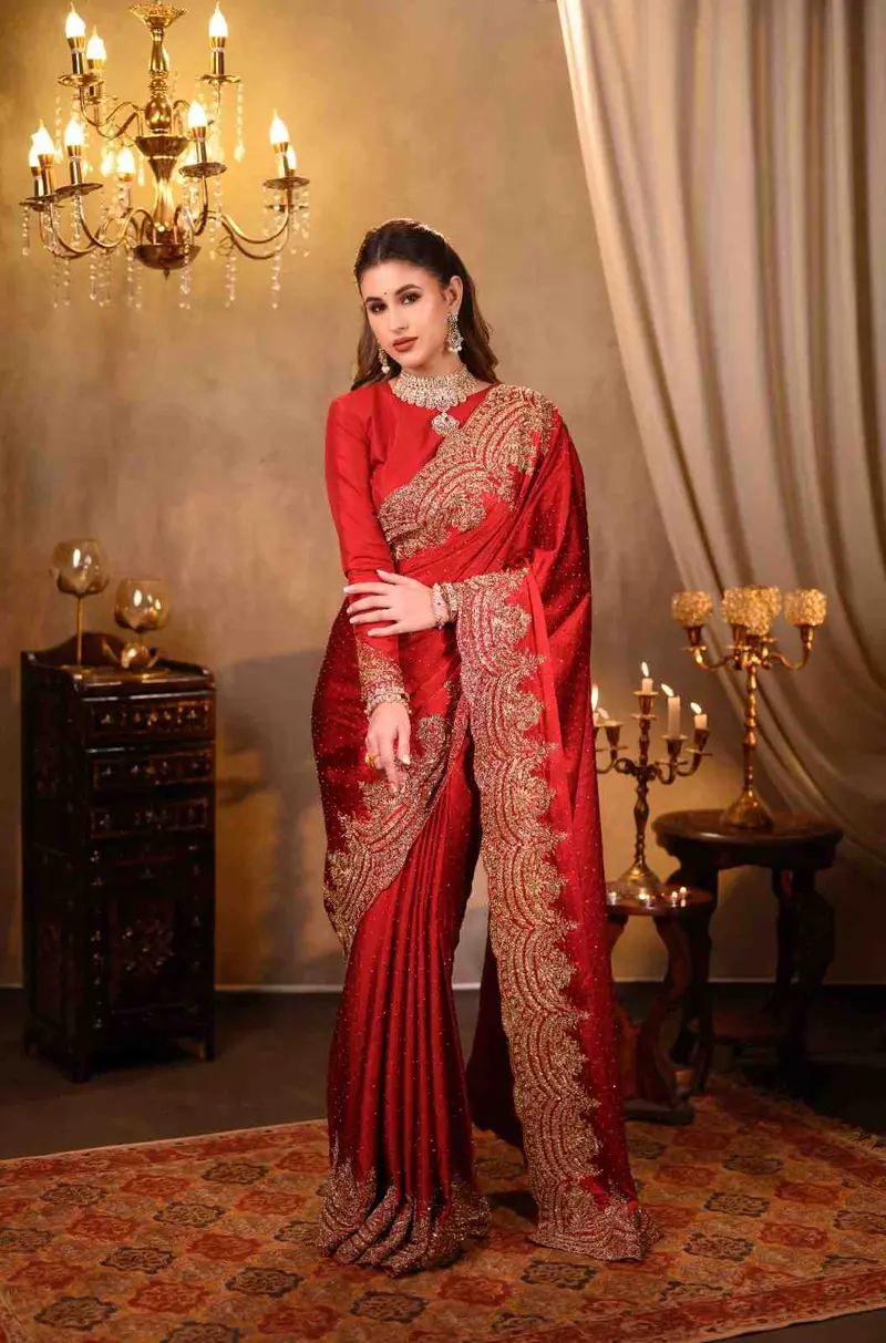 Deep Crimson Ruby Red Stone Embellished Design Pure Satin Designer Saree With Heavy Zardozi Scalloped Border 2