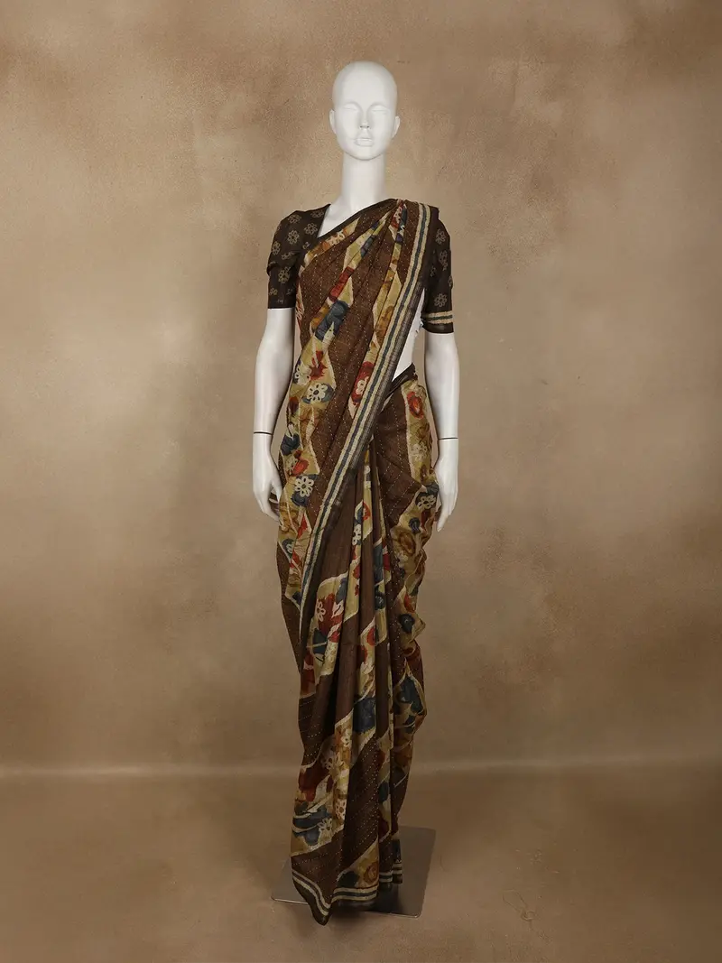 Deep Earthy Brown Floral Striped Design Tussar Saree 1