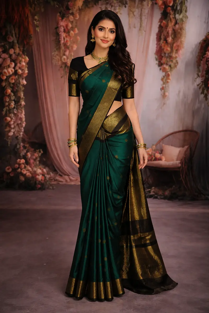Deep Emerald Green Butta Zari Woven Design Pure Kanchipuram Silk Saree With Contrast Double Zari Border 1