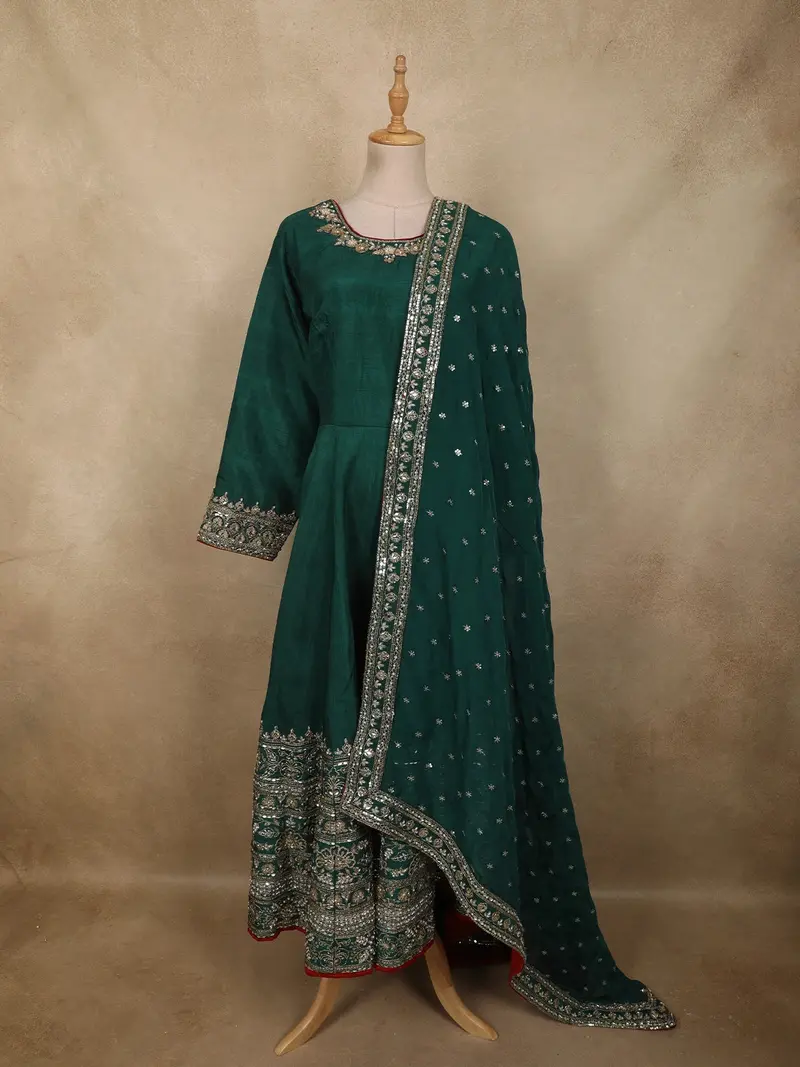 Deep Emerald Green Floral Sequins And Zari Embroidered Design Semi Silk Anarkali Salwar Suit 1