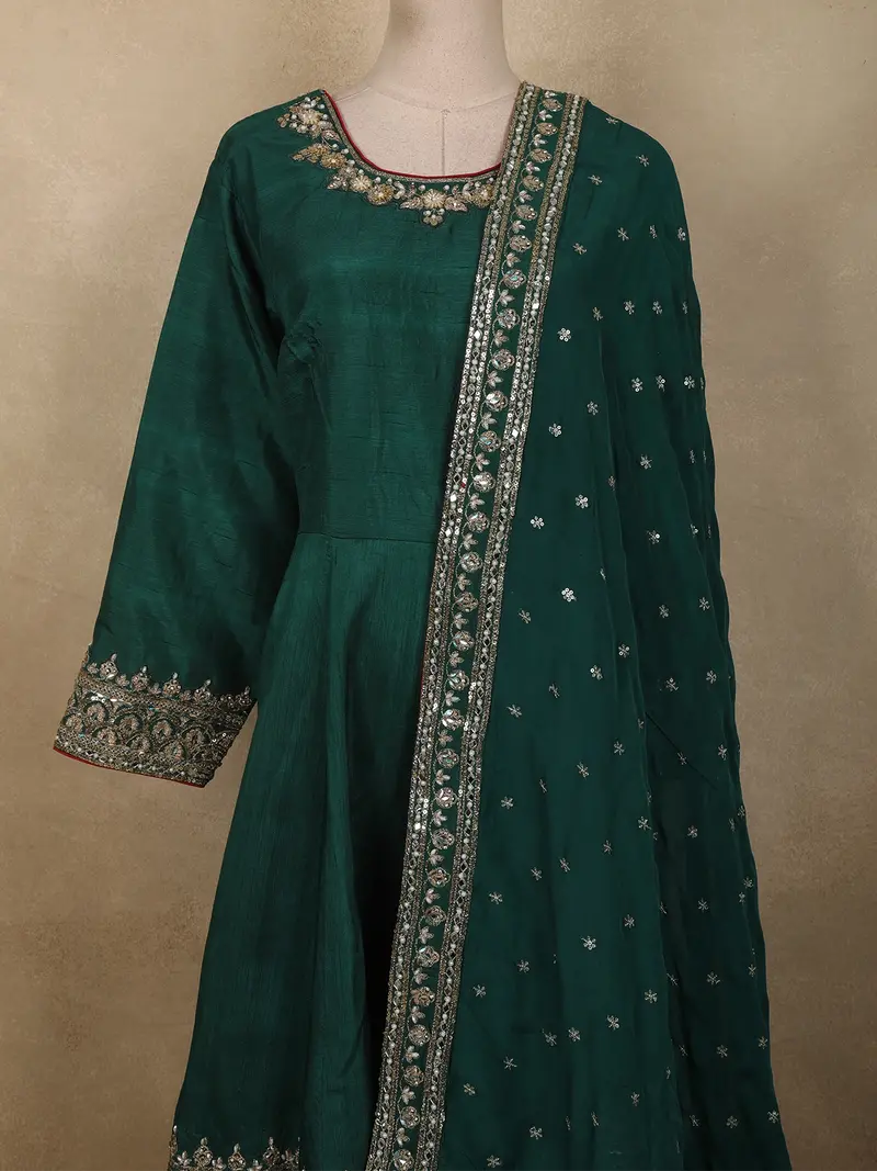 Deep Emerald Green Floral Sequins And Zari Embroidered Design Semi Silk Anarkali Salwar Suit 2