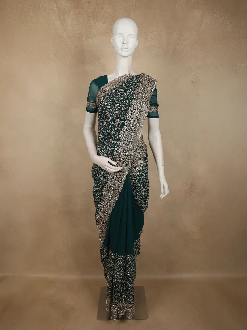 Deep Emerald Green Floral Vine Zari Embroidered Design Georgette Fancy Saree With Scalloped Border 1