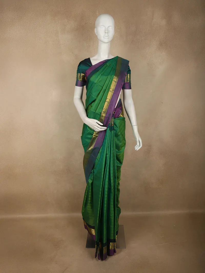 Deep Emerald Green Striped Woven Design Kanchipuram Silk Saree With Contrast Zari Border 1