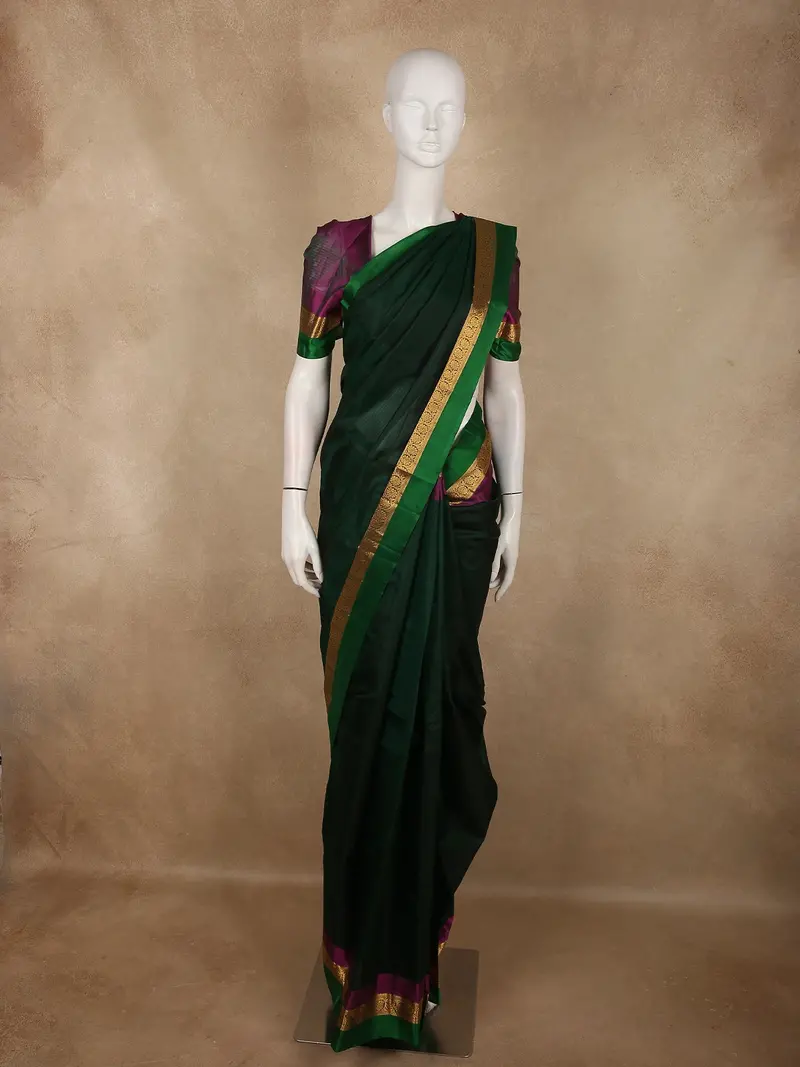 Deep Emerald Green Striped Zari Woven Design Kanchipuram Silk Saree With Zari Border 1