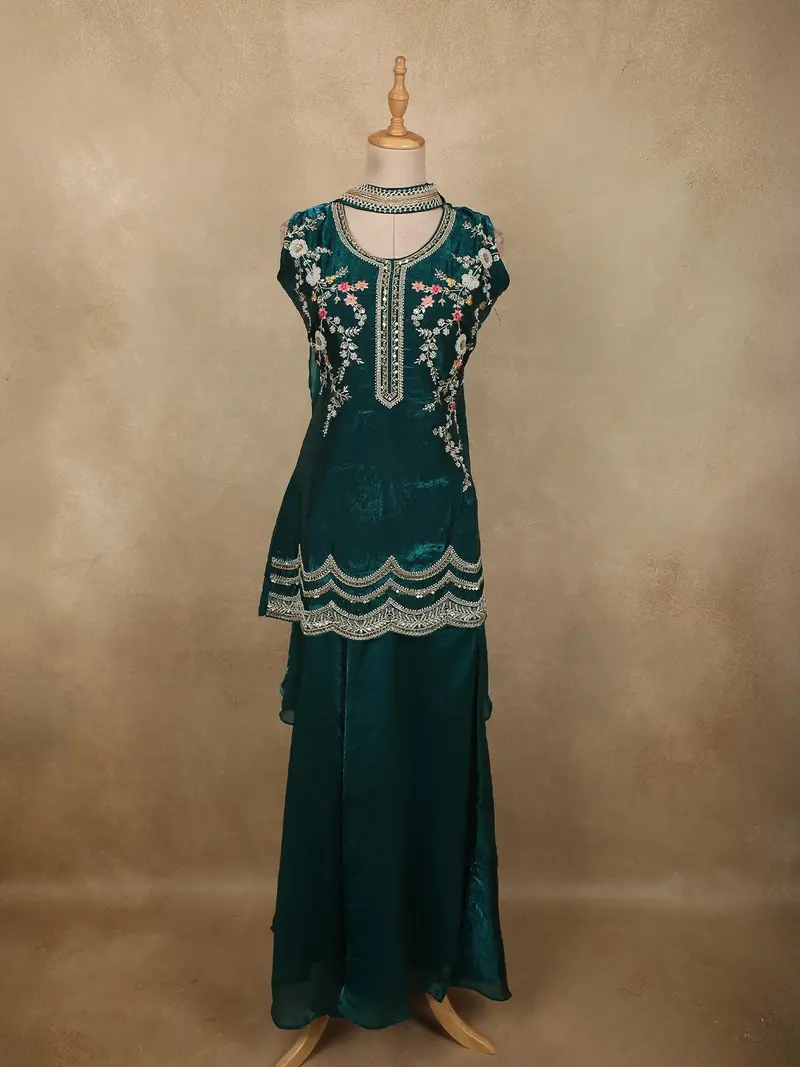 Deep Emerald Teal Green Floral Sequins And Beads Embroidered Design Organza Palazzo Suit With Dupatta 1