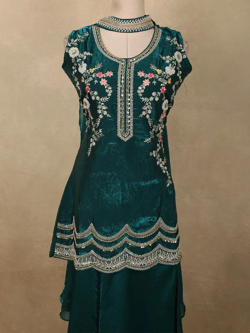 Deep Emerald Teal Green Floral Sequins And Beads Embroidered Design Organza Palazzo Suit With Dupatta 2