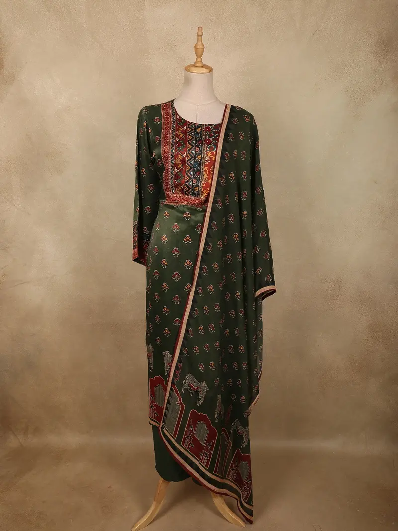Deep Forest Bottle Green Floral Butta Printed Design Crepe Straight Cut Salwar Suit 1