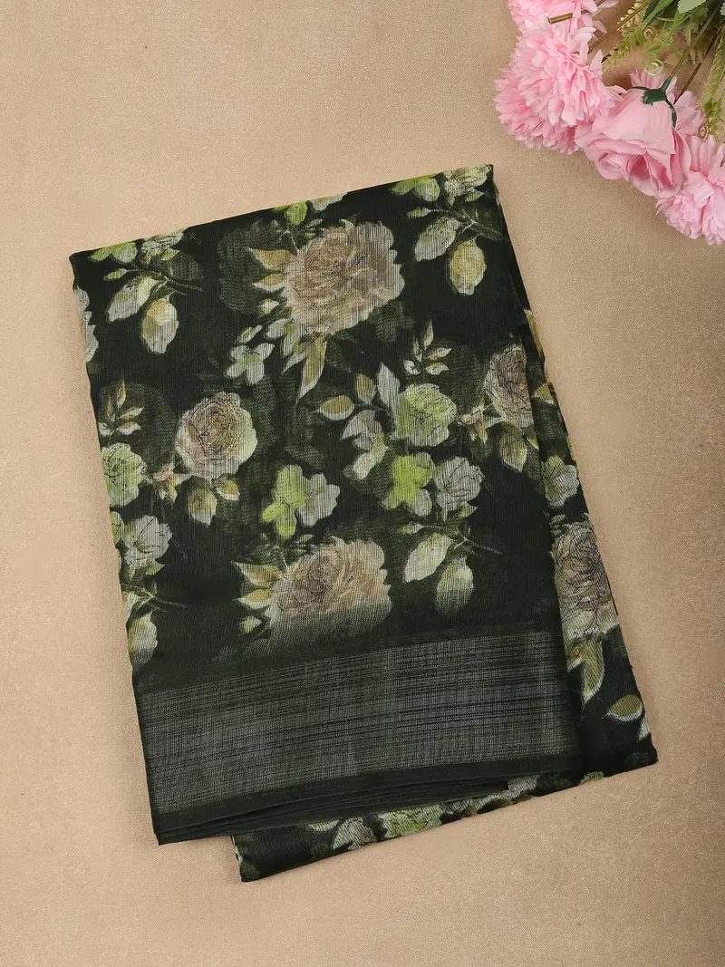 Deep Forest Bottle Green Floral Printed Design Linen Cotton Saree 1