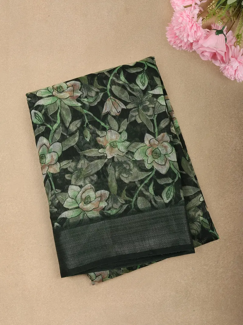 Deep Forest Bottle Green Floral Printed Design Linen Cotton Saree With Zari Border 1