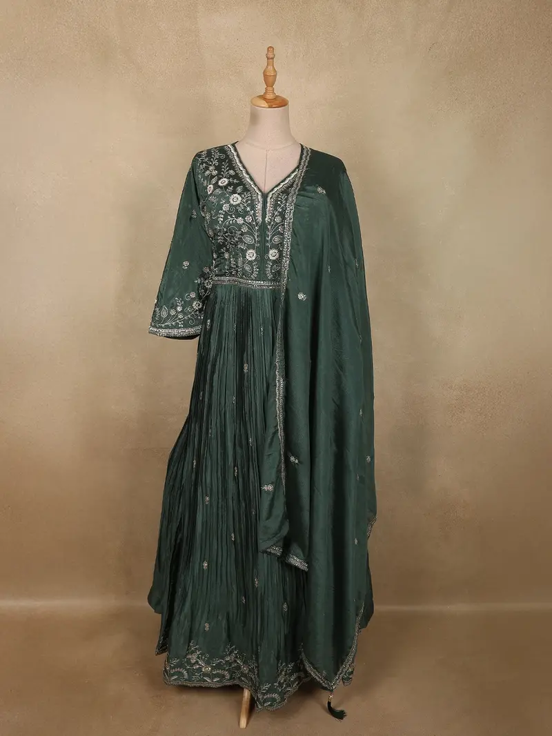 Deep Forest Bottle Green Floral Sequins And Beads Embroidered Design Georgette Anarkali Gown With Dupatta 1