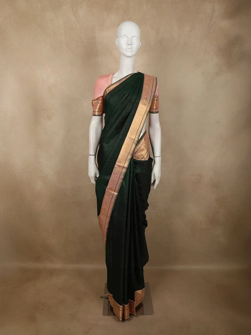 Deep Forest Bottle Green Striped Zari Woven Design Pure Kanchipuram Silk Saree With Contrast Ornamental Zari Border 1