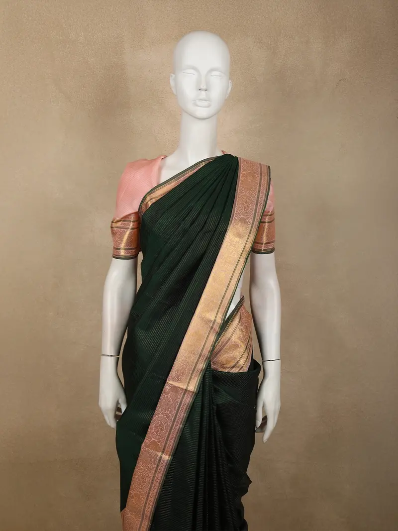 Deep Forest Bottle Green Striped Zari Woven Design Pure Kanchipuram Silk Saree With Contrast Ornamental Zari Border 2