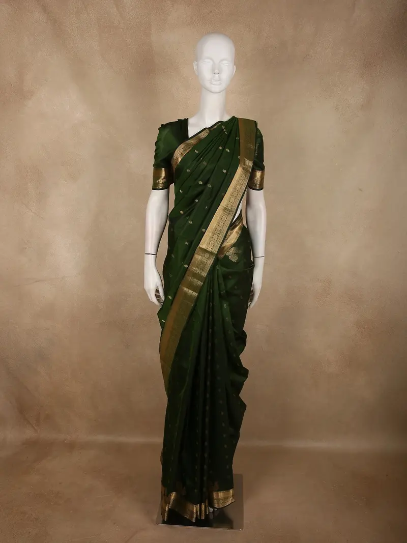 Deep Forest Green Butta Zari Woven Design Kanchipuram Silk Saree With Zari Border 1
