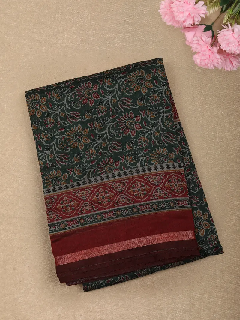 Deep Forest Green Floral And Paisley Printed Design Chanderi Cotton Saree With Contrast Border 1