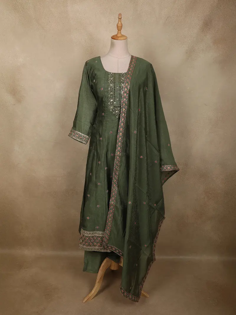 Deep Forest Green Floral Butta Design Silk Anarkali Salwar Suit 1