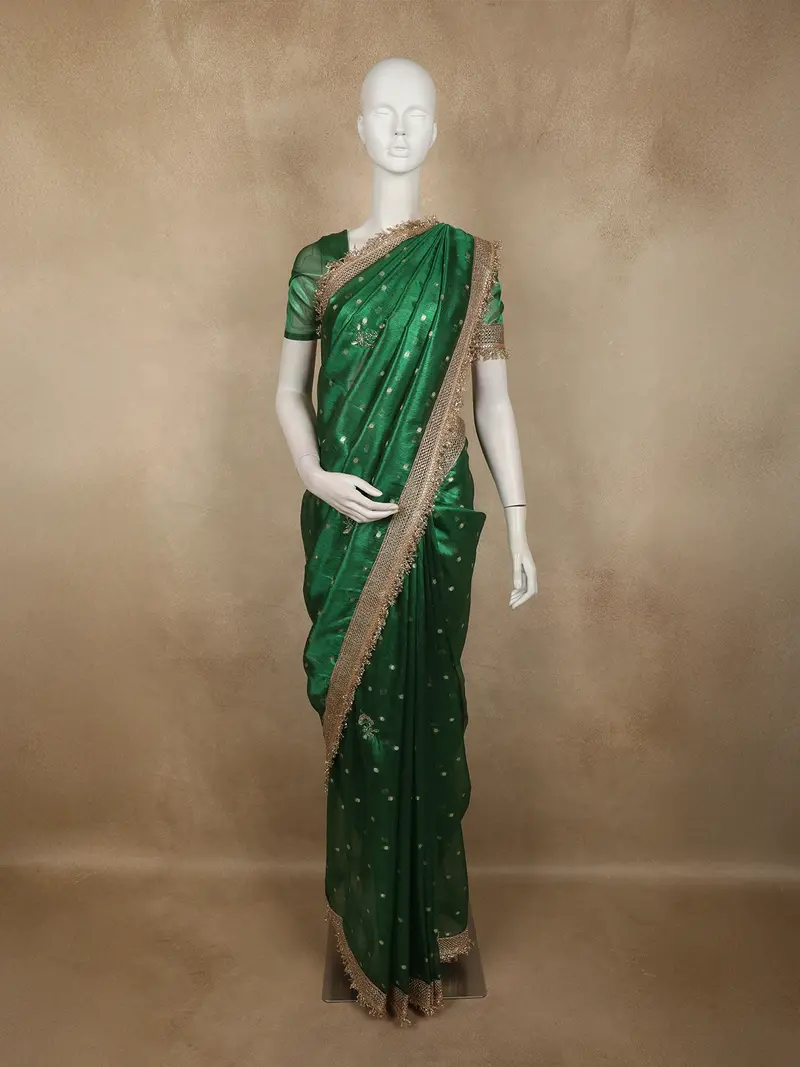 Deep Forest Green Floral Butta Zari Woven Design Tissue Saree With Designer Lace Border 1