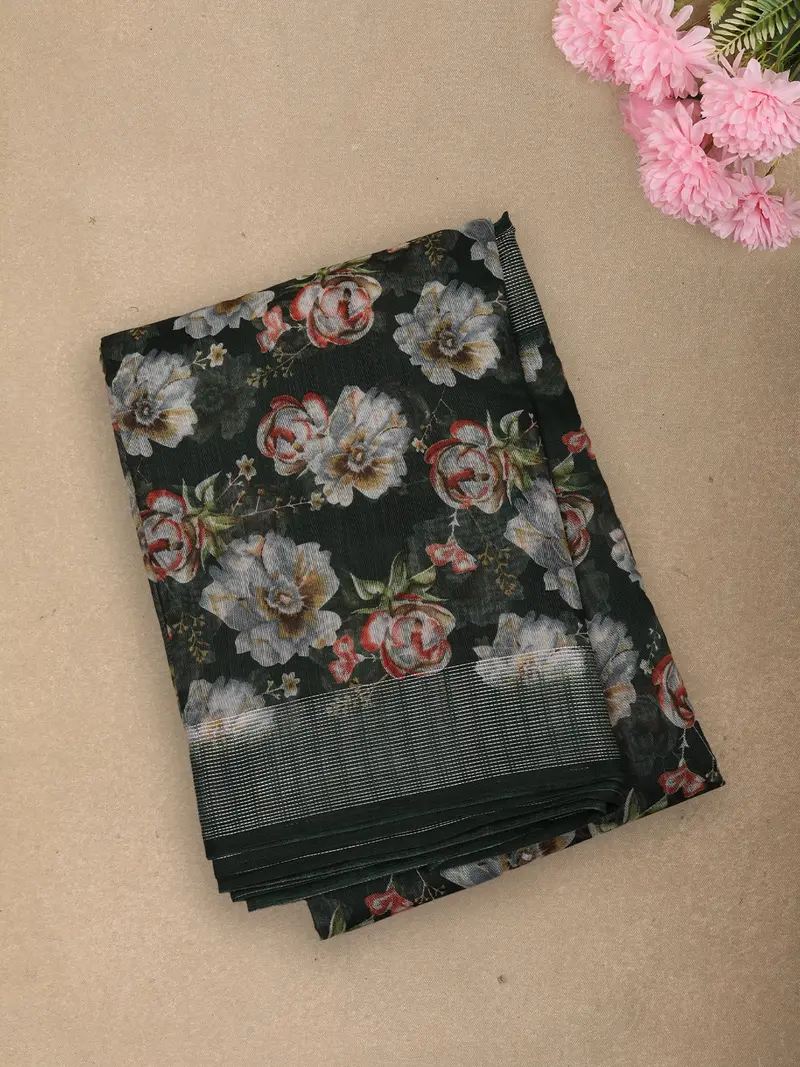 Deep Forest Green Floral Printed Design Linen Cotton Saree 1