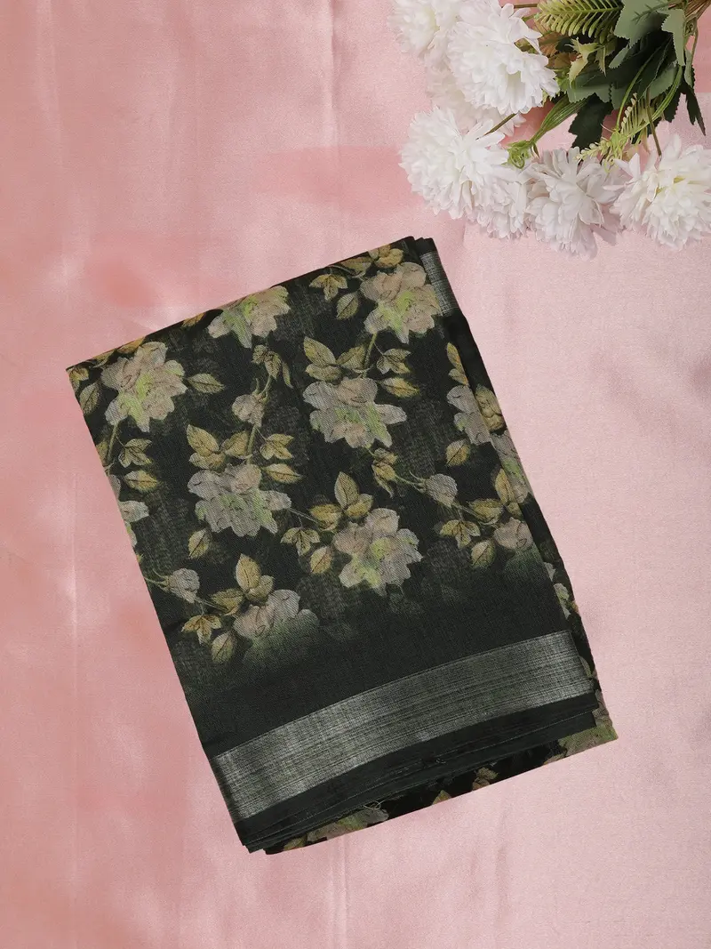 Deep Forest Green Floral Printed Design Mixed Cotton Saree 1