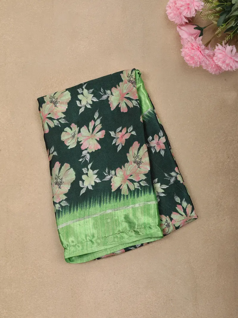Deep Forest Green Floral Printed Design Synthetic Casual Wear Saree 1