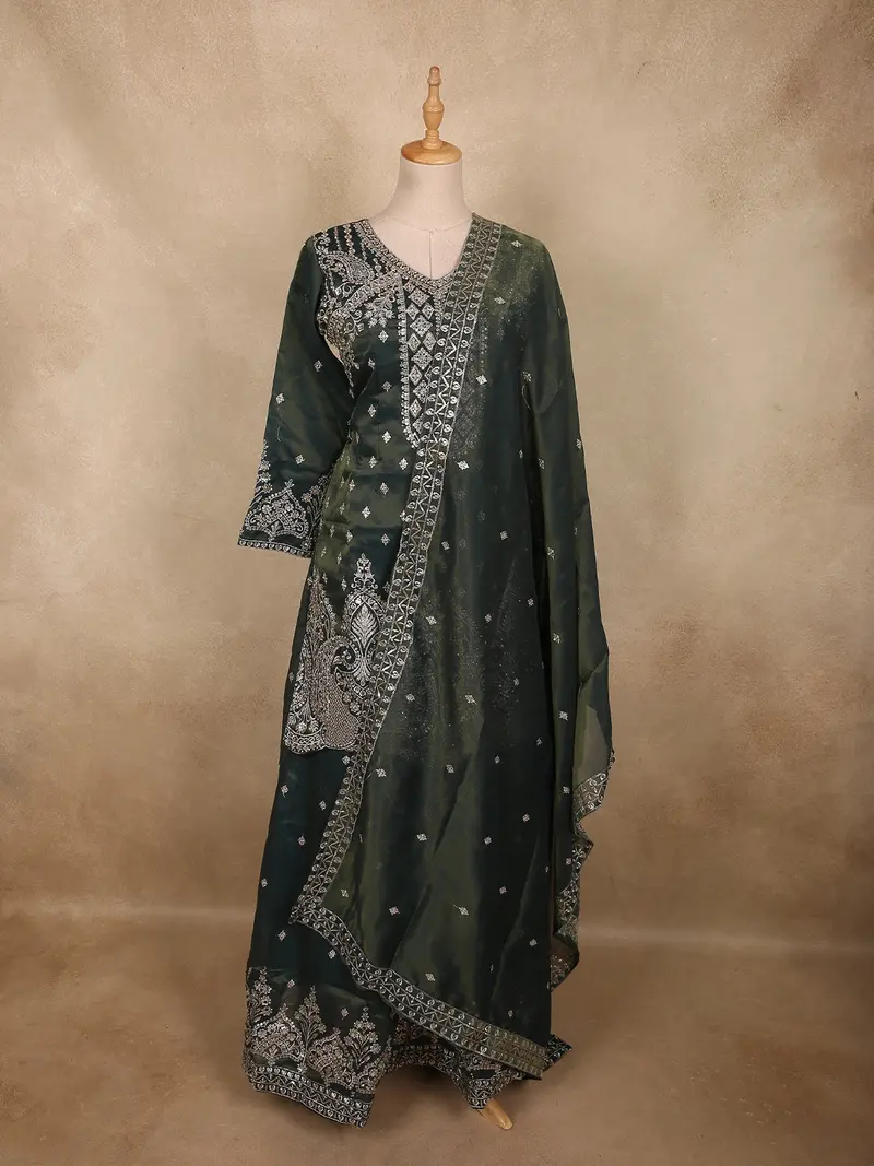 Deep Forest Green Floral Sequins And Zari Embroidered Design Tissue Organza Lehenga With Dupatta 1