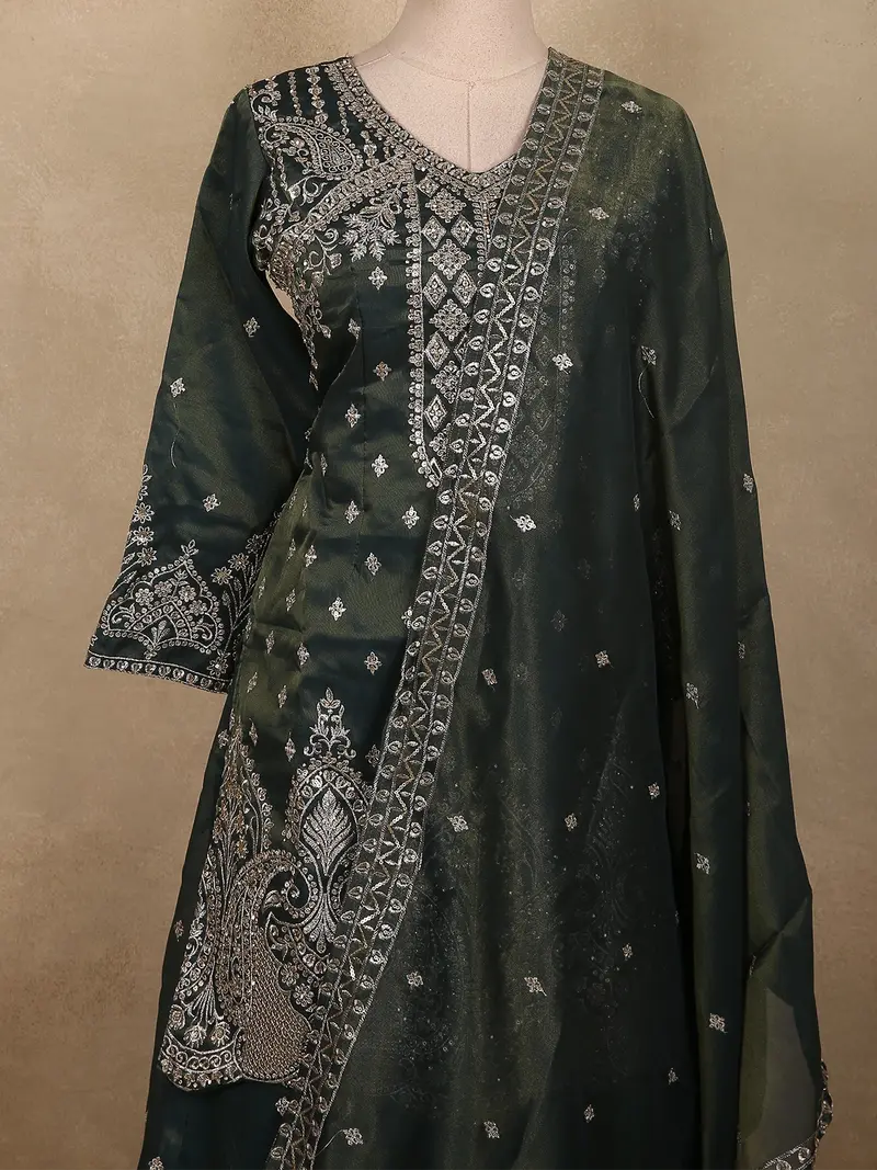 Deep Forest Green Floral Sequins And Zari Embroidered Design Tissue Organza Lehenga With Dupatta 2
