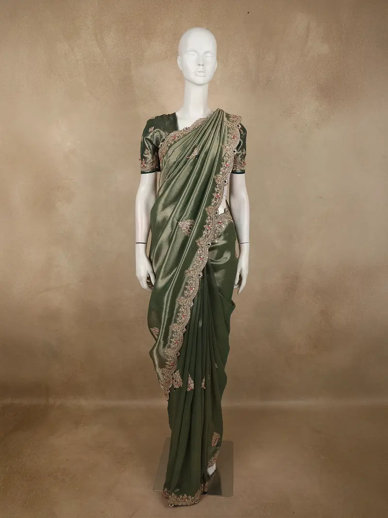 Deep Forest Green Floral Sequins Embroidered Design Tissue Silk Designer Saree With Scalloped Border 1