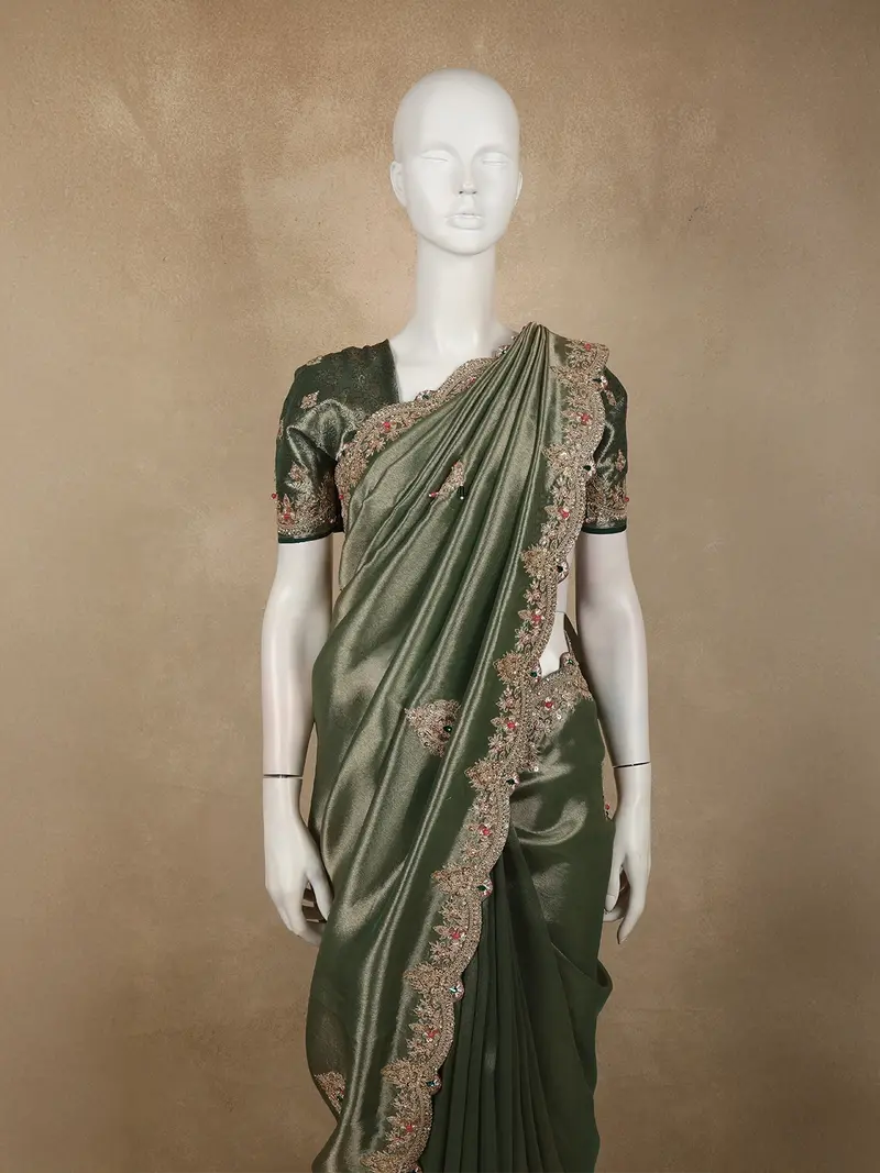 Deep Forest Green Floral Sequins Embroidered Design Tissue Silk Designer Saree With Scalloped Border 2
