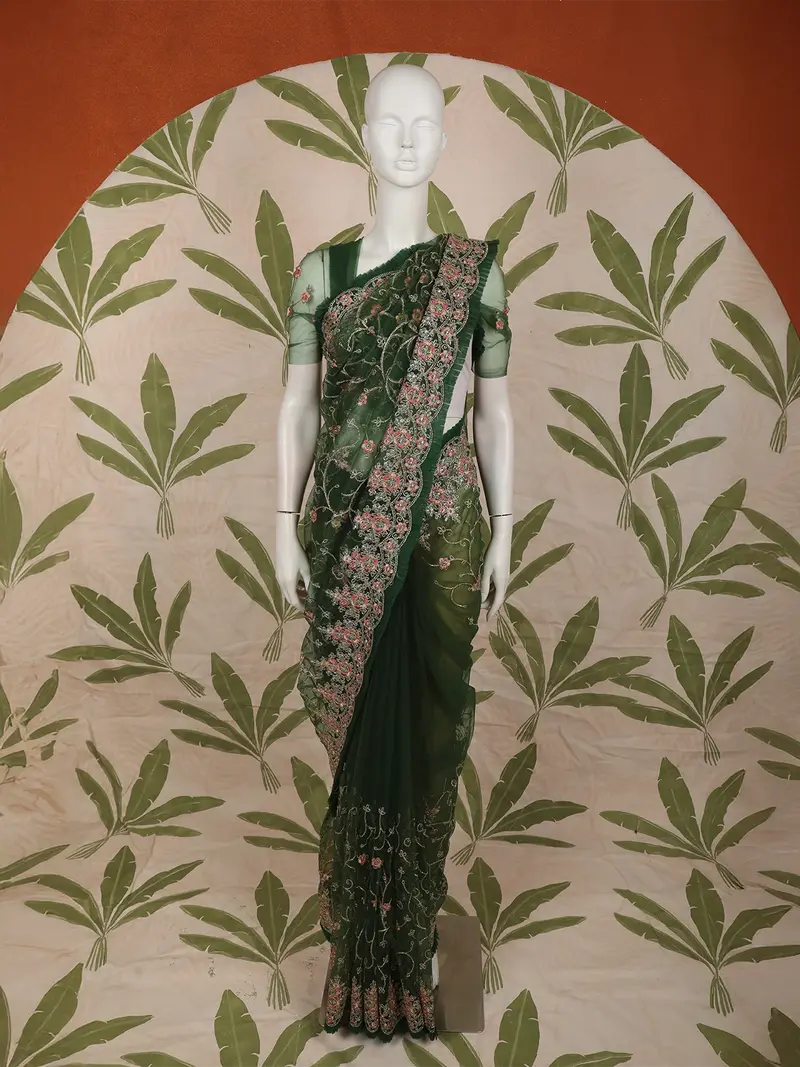 Deep Forest Green Floral Vine Embroidered Design Net Fancy Saree With Scalloped Border 1