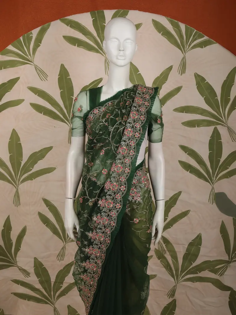 Deep Forest Green Floral Vine Embroidered Design Net Fancy Saree With Scalloped Border 2