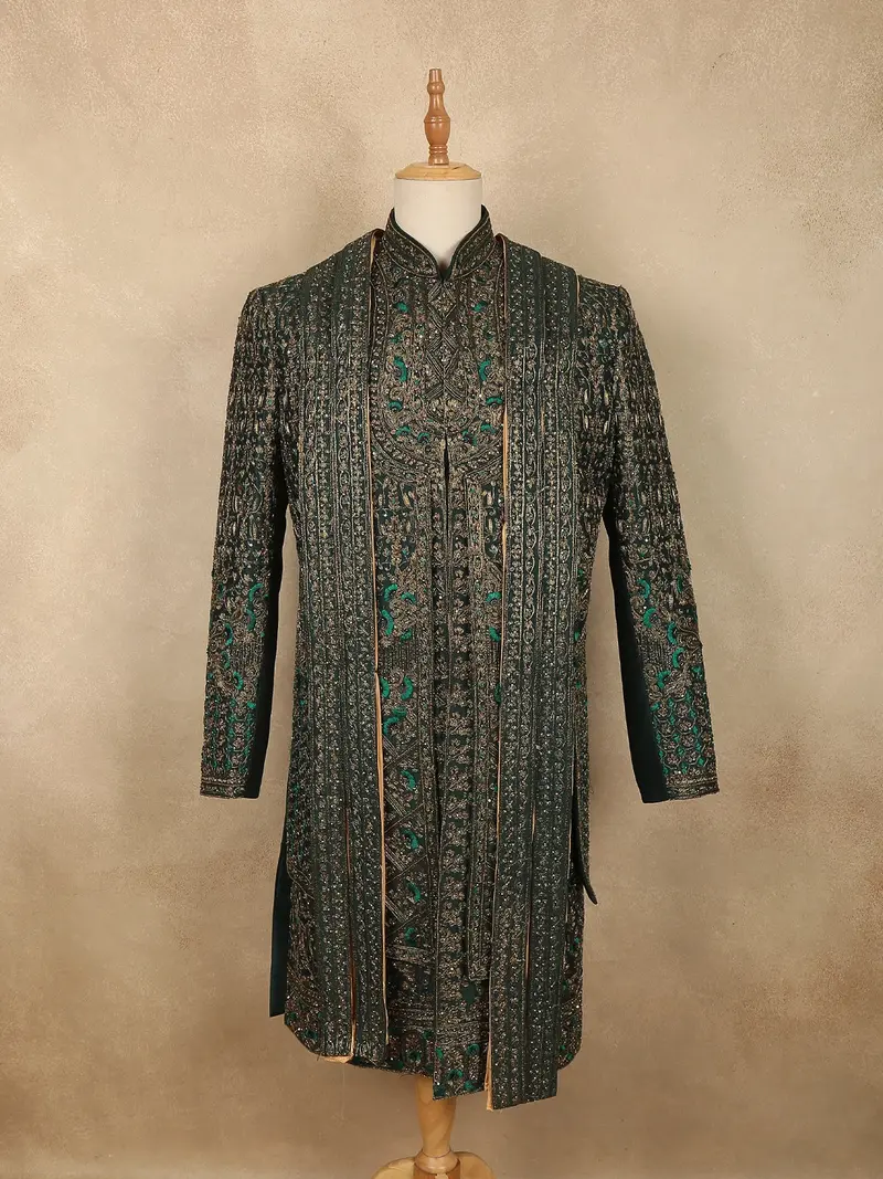 Deep Forest Green Floral Zari Embroidered Design Semi Silk Men's Sherwani Suit With Dupatta 1