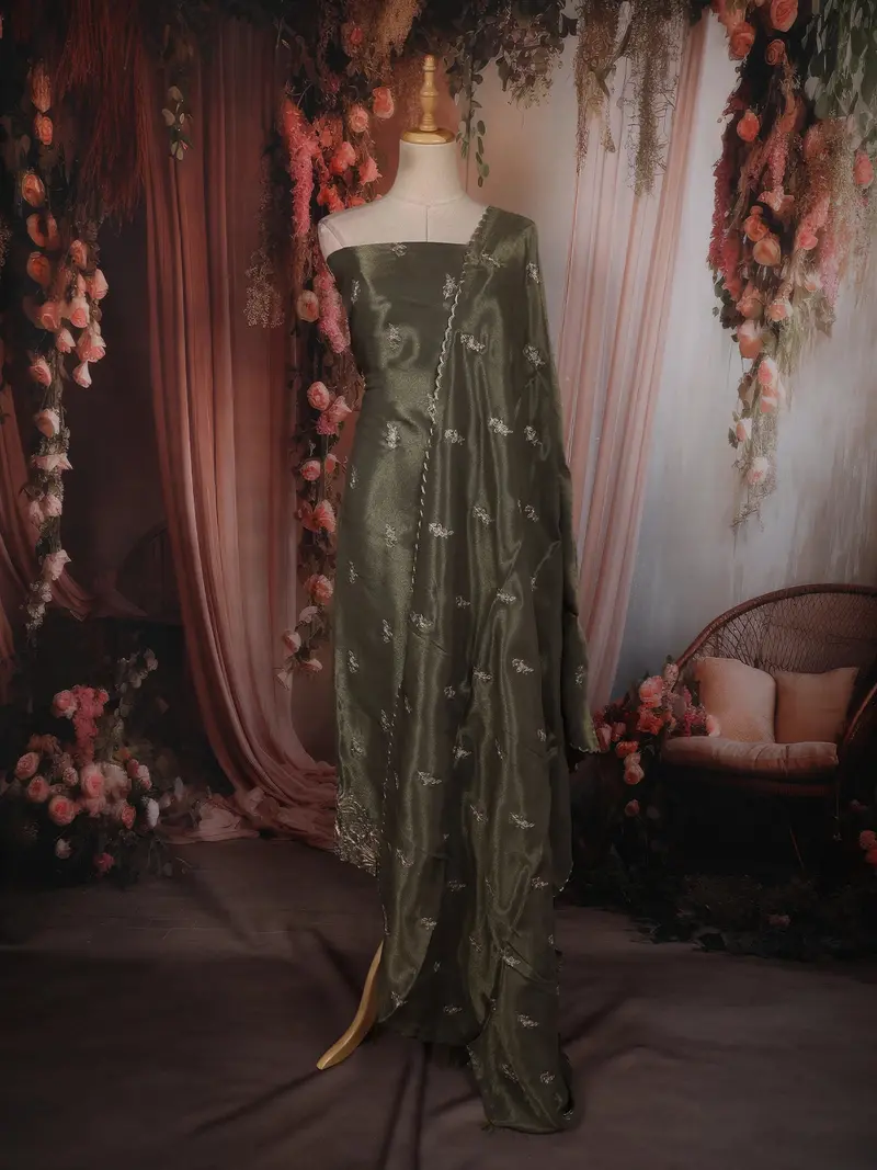 Deep Forest Green Floral Zari Embroidered Design Tissue Unstitched Salwar Material With Dupatta 1