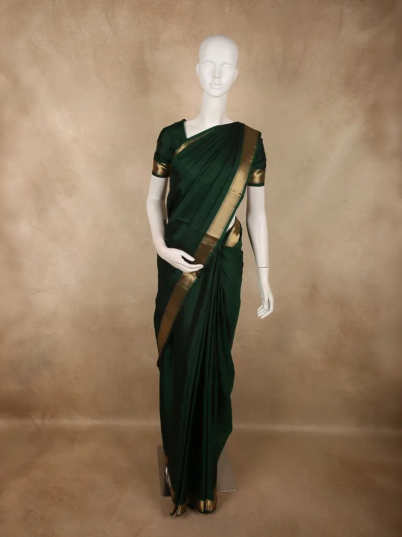 Deep Forest Green Solid Woven Design Pure Kanchipuram Silk Saree With Zari Border 1
