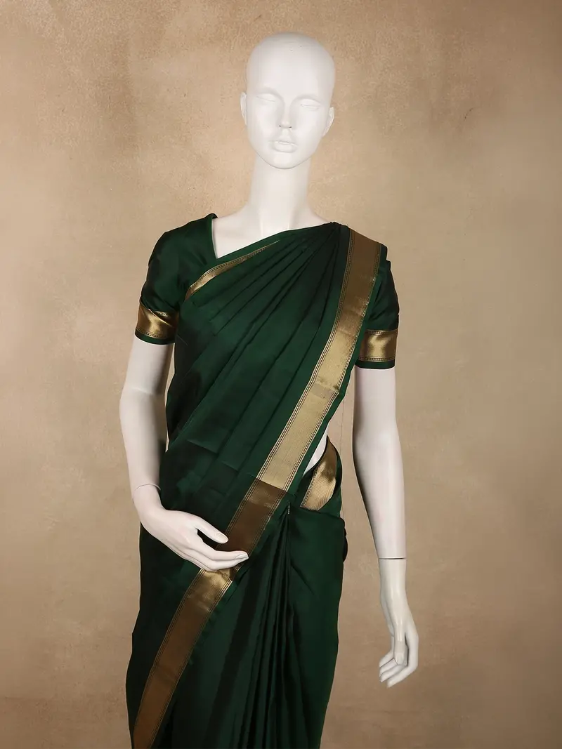 Deep Forest Green Solid Woven Design Pure Kanchipuram Silk Saree With Zari Border 2