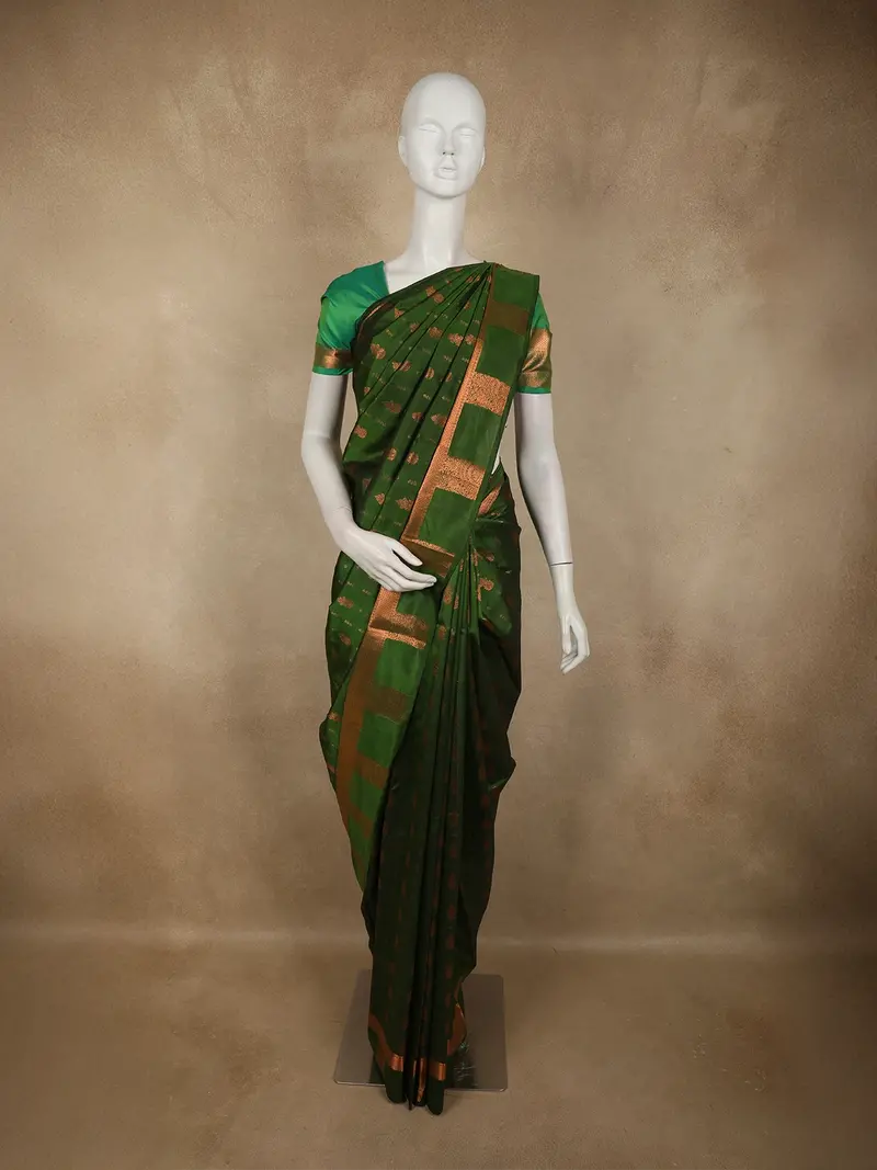 Deep Forest Green Striped Zari Woven Design Pure Kanchipuram Silk Saree With Zari Border 1
