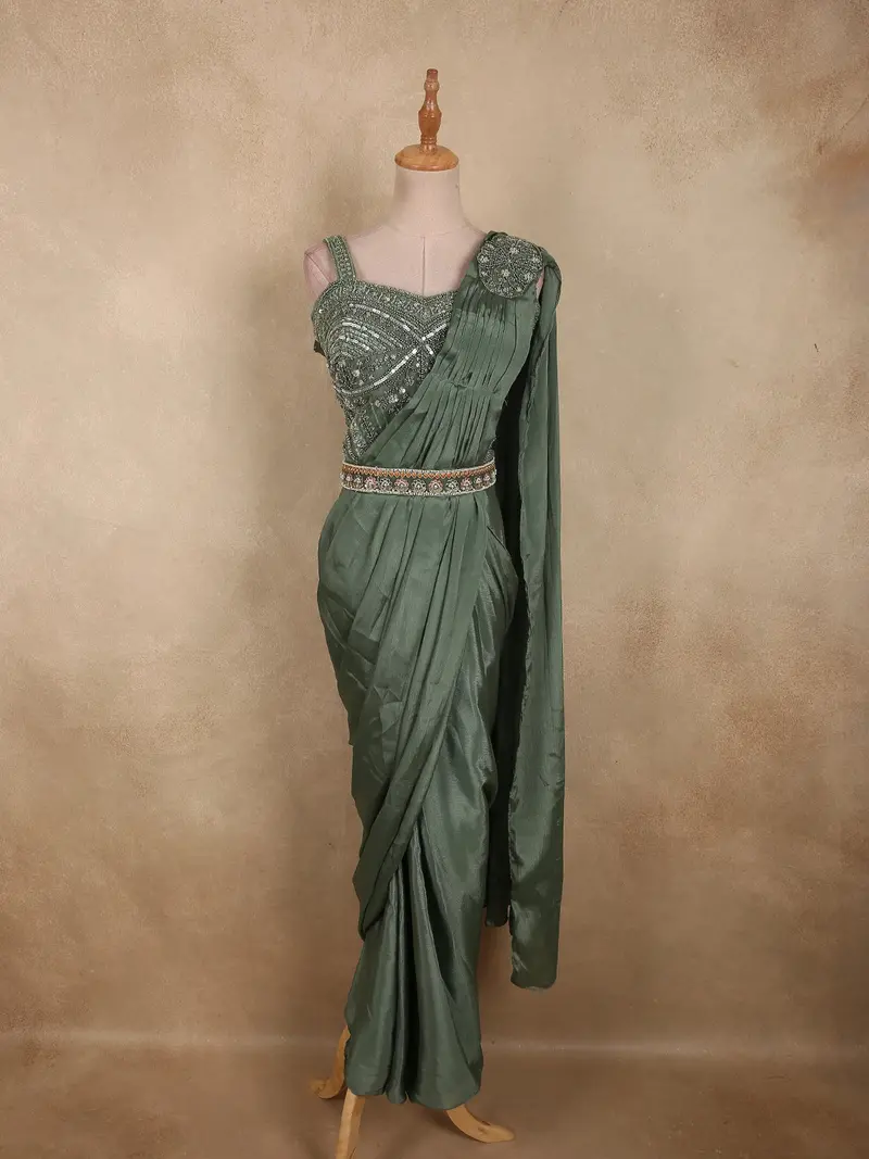 Deep Forest Moss Green Solid Design Satin Ready To Wear Draped Saree With Designer Blouse 1