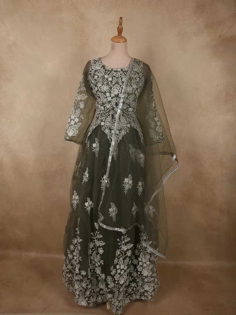 Deep Forest Olive Green Floral Thread Embroidered Design Net Gown With Dupatta 1