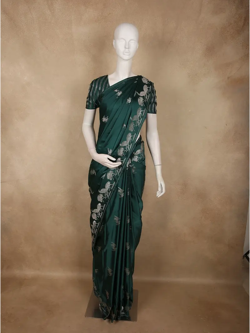 Deep Forest Teal Green Birds Woven Design Semi Banarasi Saree With Self Border 1