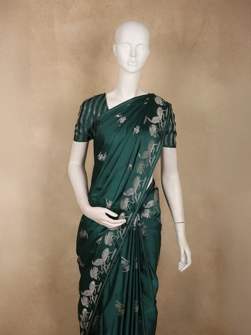 Deep Forest Teal Green Birds Woven Design Semi Banarasi Saree With Self Border 2