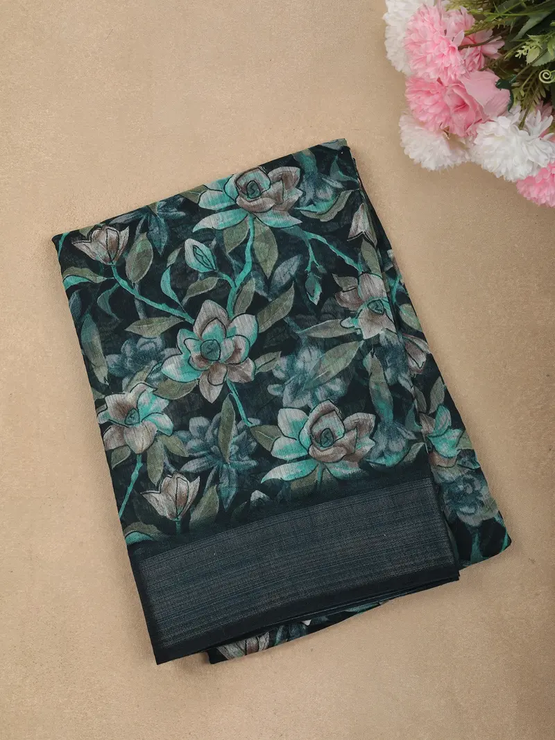 Deep Forest Teal Green Floral Printed Design Linen Cotton Casual Wear Saree 1