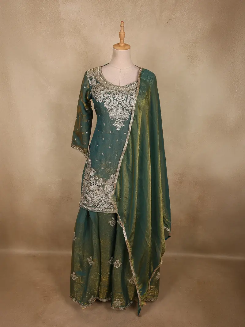 Deep Forest Teal Green Sequins And Beads Embroidered Design Organza Lehenga With Dupatta 1