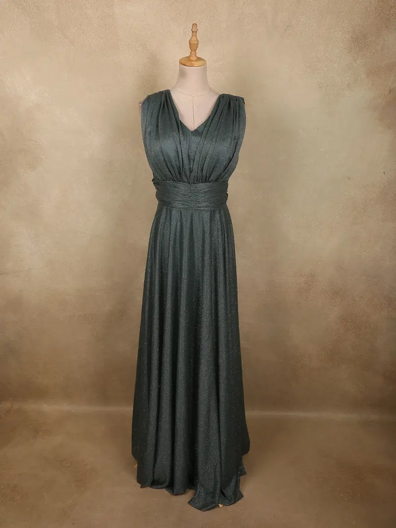Deep Forest Teal Green Solid Design Shimmer Pleated Party Wear Gown 1