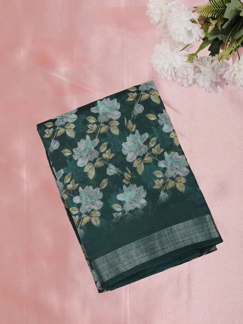 Deep Green Floral Printed Design Mixed Cotton Saree 1