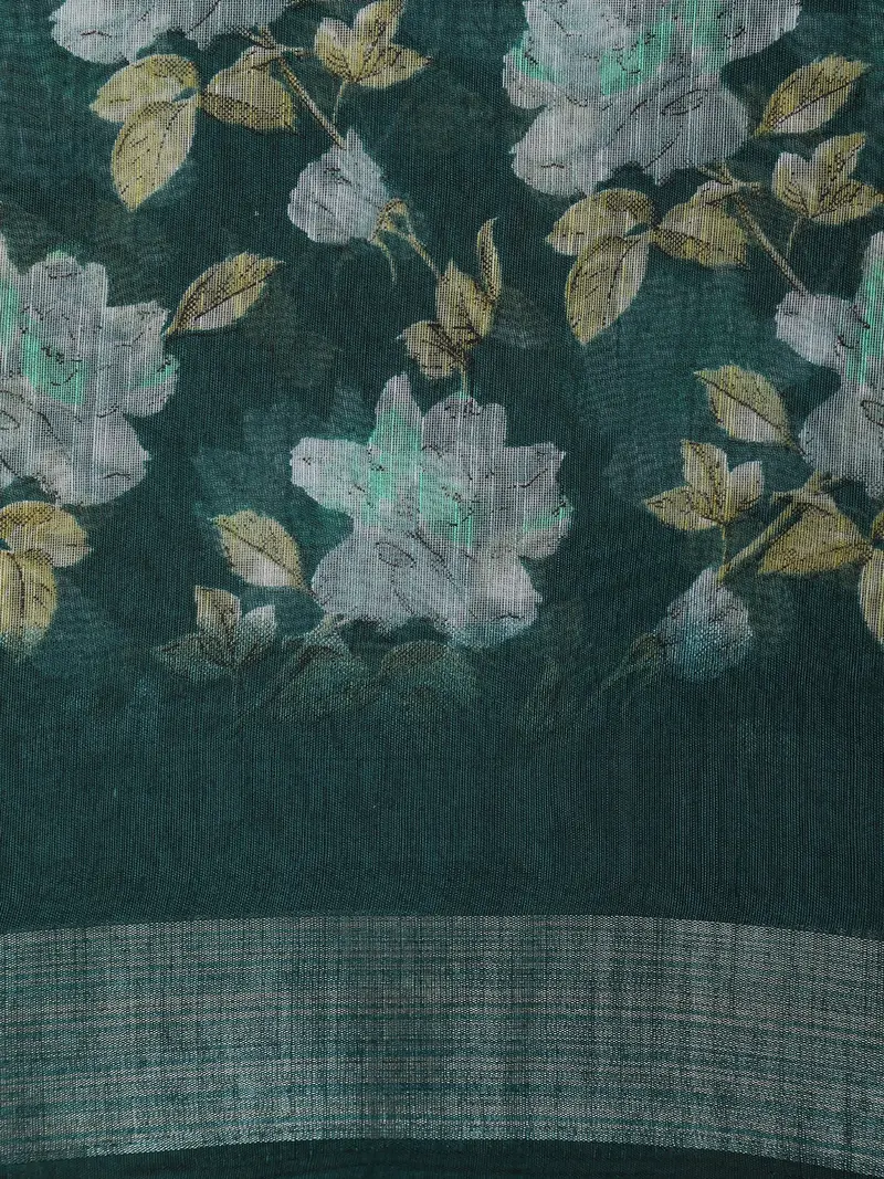 Deep Green Floral Printed Design Mixed Cotton Saree 2