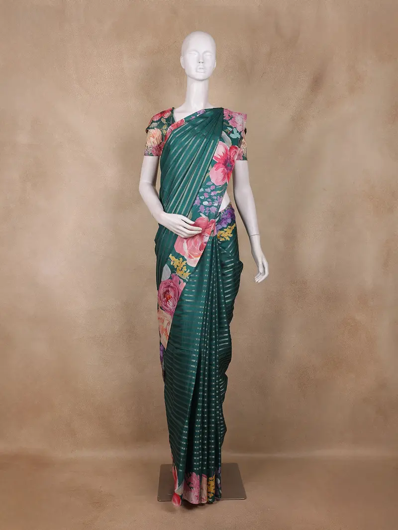 Deep Green Striped Design Semi Tussar Silk Saree 1