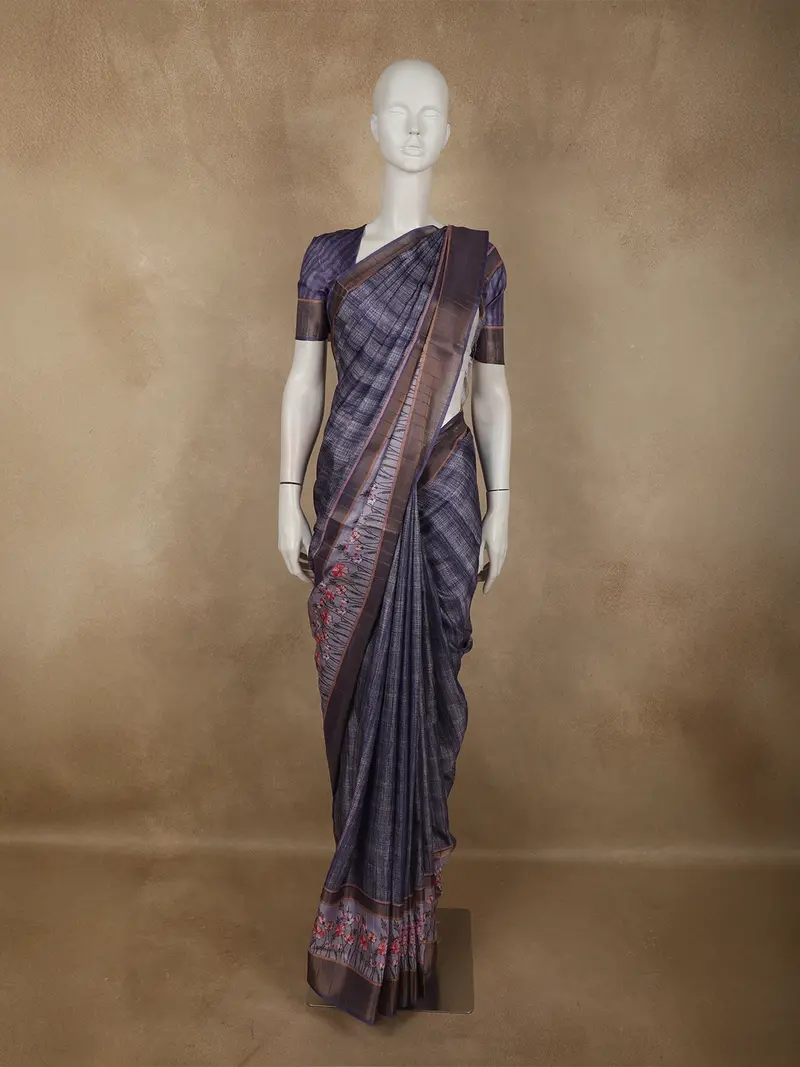 Deep Indigo Blue Abstract Printed Design Semi Tussar Saree 1
