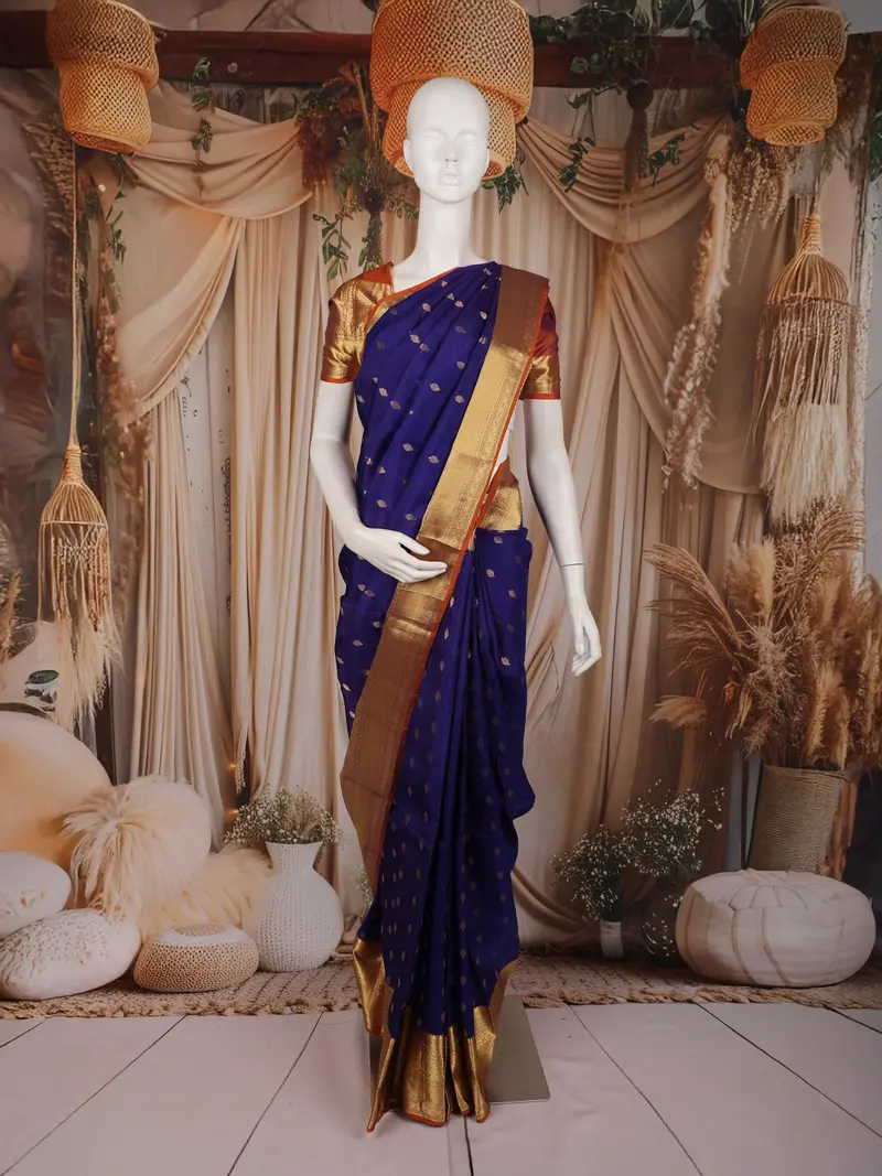 Deep Indigo Blue Butta Butta Woven Design Pure Kanchipuram Silk Saree With Contrast Border 1