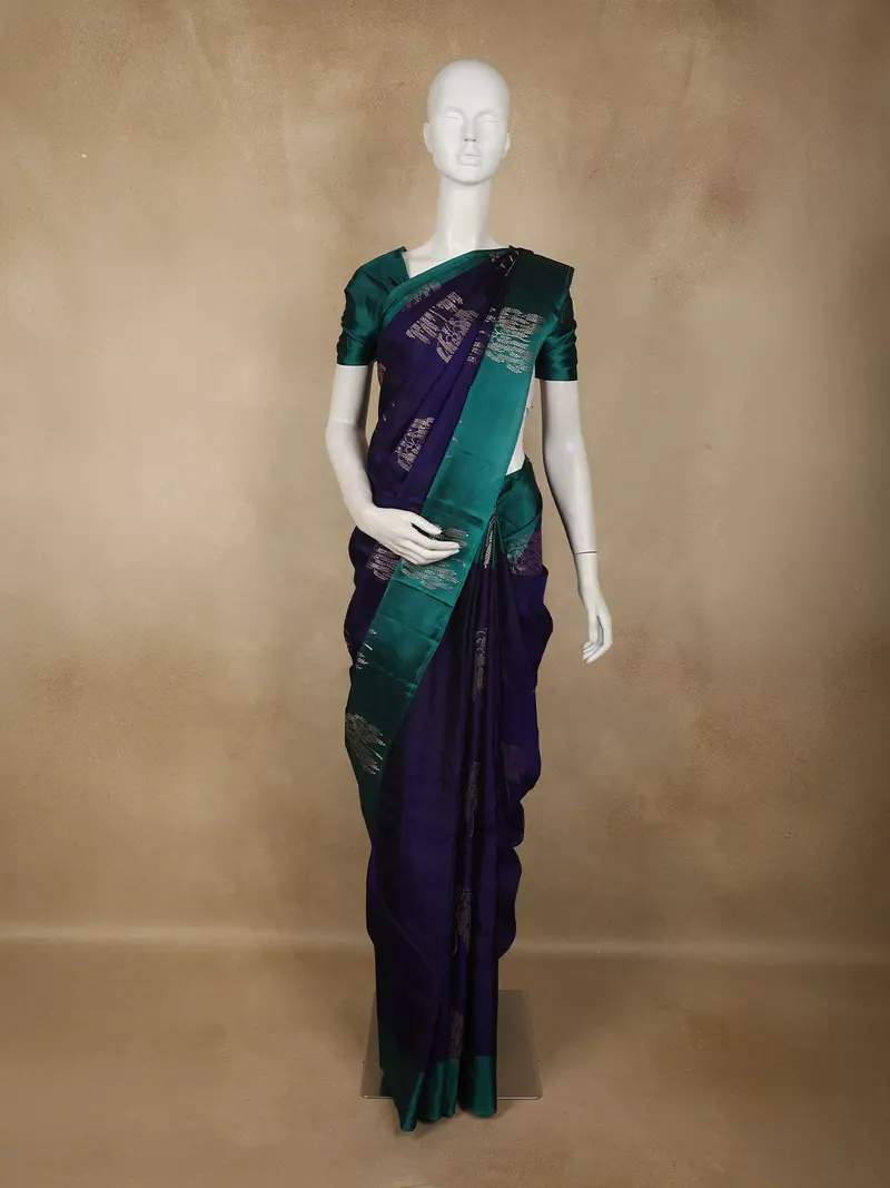 Deep Indigo Blue Butta Woven Design Soft Silk Fancy Saree With Contrast Border 1