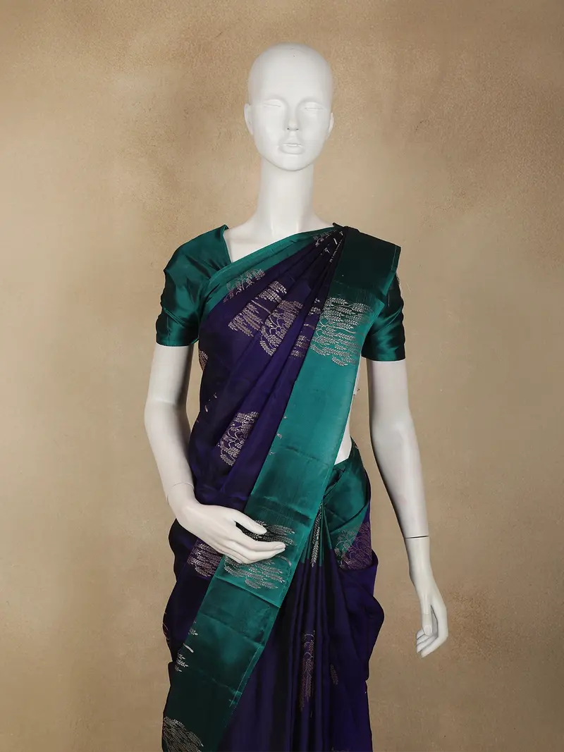 Deep Indigo Blue Butta Woven Design Soft Silk Fancy Saree With Contrast Border 2