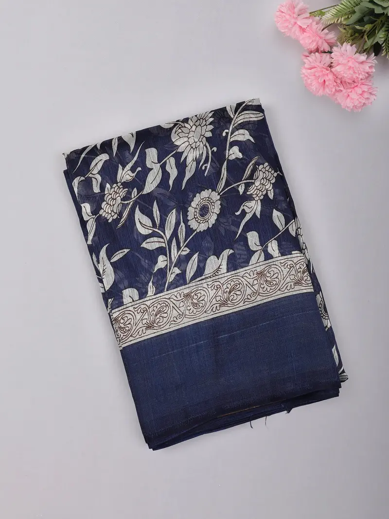 Deep Indigo Blue Floral Printed Design Mixed Cotton Saree 1